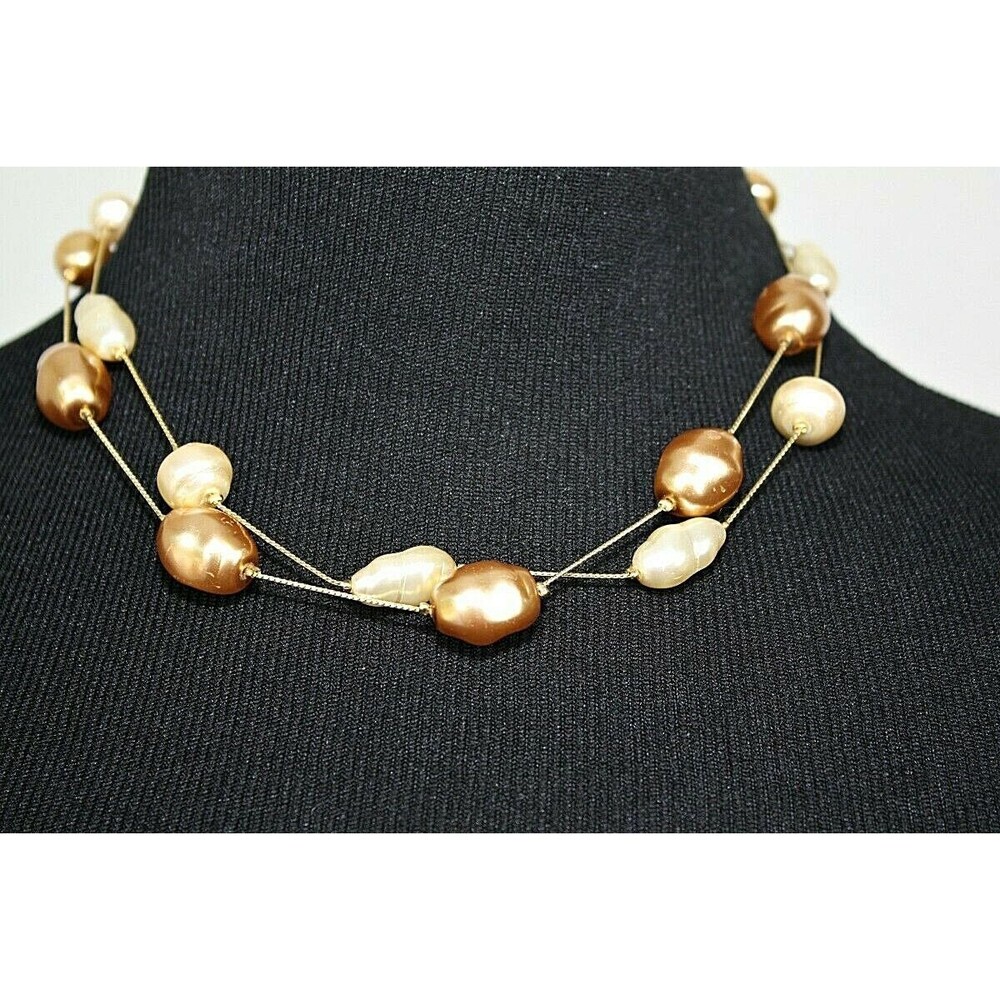 DABBY REID Signed 2 Strand Necklace Golden Chains Cream Beige Faux Pearl Beads